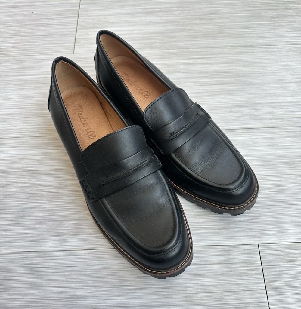 Madewell Men’s Black Leather Slip-On Loafers US 7 Almond Toe Rubber Sole